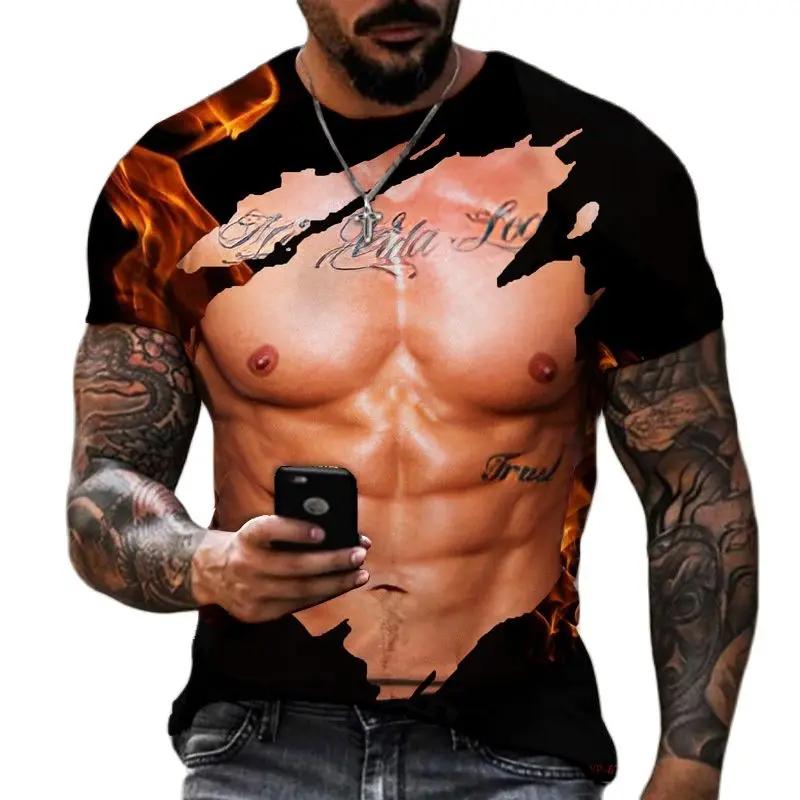 남성용 3D 프린트 티셔츠, 반팔 루즈핏, 편안한 플러스 사이즈 상의, 재미있는 개성, 스트리트 O 칼라, 근육, 여름 신상